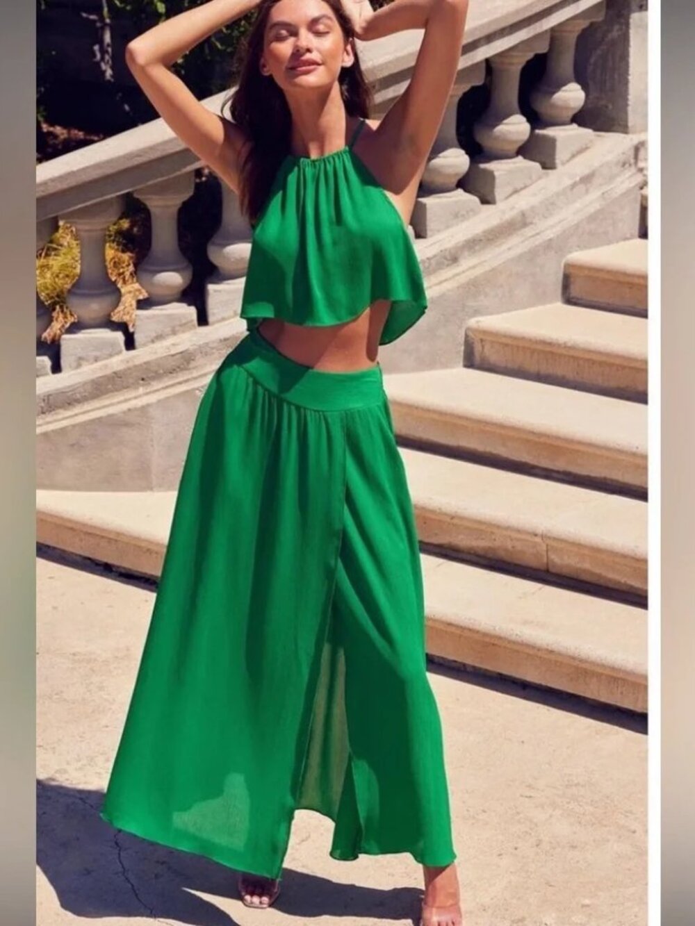 MISA Los Angeles Kelly Green Halter Crop Top Flowy Boho Chiffon XS